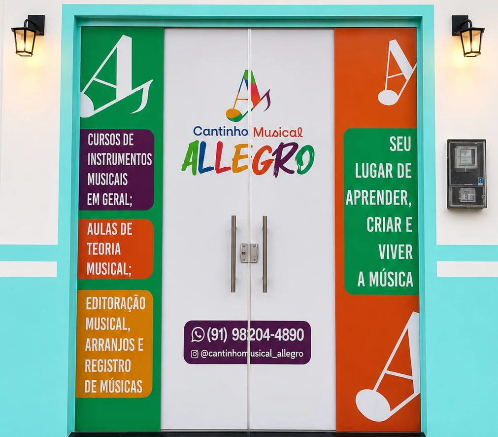 Entrada do Cantinho Musical Allegro, com a fachada colorida da escola